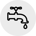 Black and white icon of a water faucet with a single drop of water falling from the spout, set against a light gray circular background.