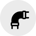 Black icon of a curved pipe with two connectors on a light gray circular background.