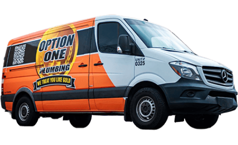 A white and orange van with "Option One Plumbing" branding and the slogan "We treat you like gold" on the side.