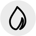 Black flame or droplet icon on a light gray circular background.