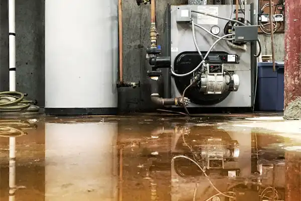 A flooded basement with standing water on the floor, reflecting a water heater, pipes, and a boiler.