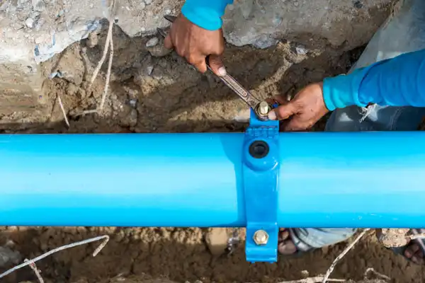A person uses a wrench to tighten bolts on a blue water pipe during underground installation or maintenance.