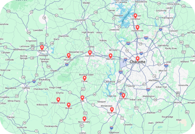 Map showing Charlotte, North Carolina, and surrounding areas with red location markers highlighting multiple cities and towns in the region.