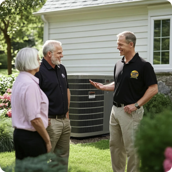 Three adults stand outside near a house and an outdoor AC unit, engaged in conversation on a sunny day.