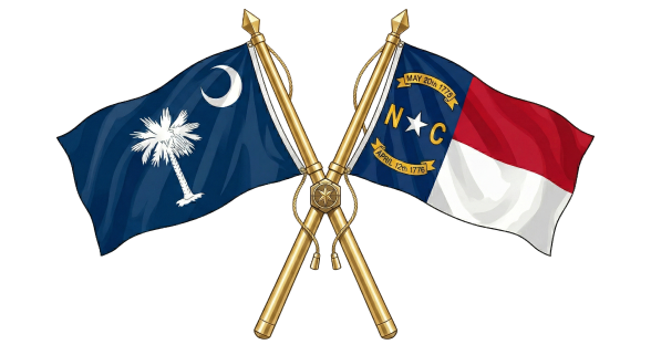 Two crossed flagpoles display the flags of South Carolina (left) and North Carolina (right) against a transparent background.
