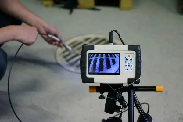 A person uses a sewer inspection camera, with the screen displaying the inside of a drain grate on a concrete floor.